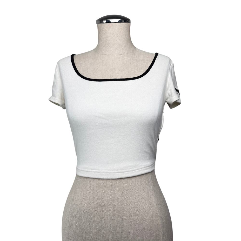 Vintage Mossimo 90s White Crop Top Contrast Trim Lace-Up Back 90s Sport Y2K